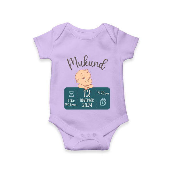 First Birthday Stats Romper | Custom Romper with Baby's Birth Date and Time - LILAC - New Born (Chest 14")