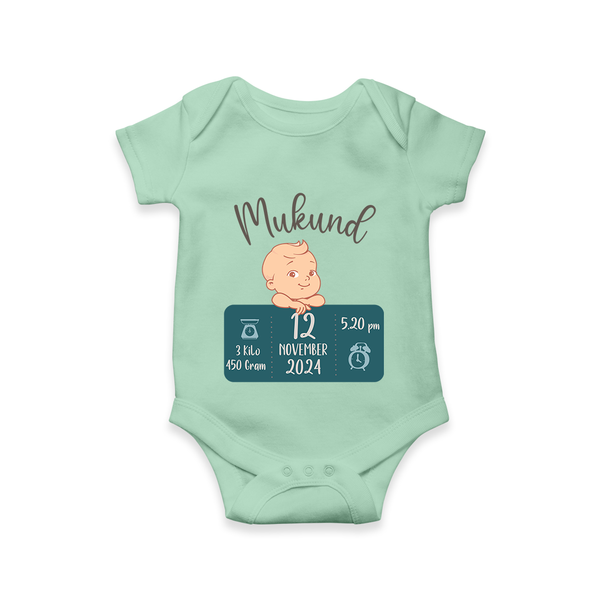 First Birthday Stats Romper | Custom Romper with Baby's Birth Date and Time - MINT GREEN - New Born (Chest 14")