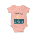 First Birthday Stats Romper | Custom Romper with Baby's Birth Date and Time - PEACH - New Born (Chest 14")