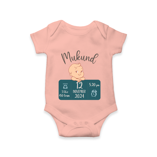 First Birthday Stats Romper | Custom Romper with Baby's Birth Date and Time - PEACH - New Born (Chest 14")