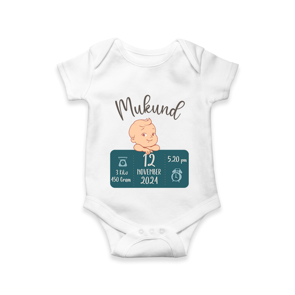First Birthday Stats Romper | Custom Romper with Baby's Birth Date and Time - WHITE - New Born (Chest 14")
