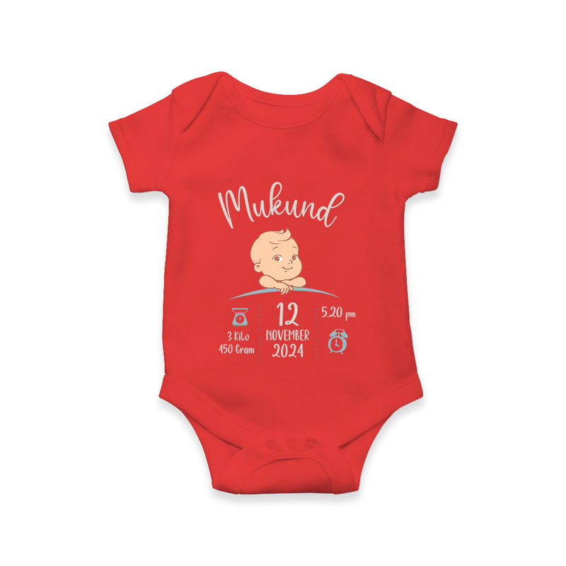 "Sweet Arrival - Customized Romper With Baby Name, Weight, And Birth Details" - RED - 0 - 3 Months Old (Chest 16")