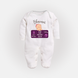 Celebrating Birth Stats Sleep Suit/Full sleeve body suit | Personalized Sleep Suit/Full sleeve body suit for Baby's Milestone Moment - WHITE - New Born (Chest 7.5")