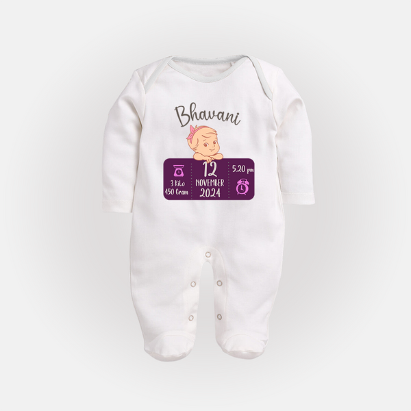 Celebrating Birth Stats Sleep Suit/Full sleeve body suit | Personalized Sleep Suit/Full sleeve body suit for Baby's Milestone Moment - WHITE - New Born (Chest 7.5")