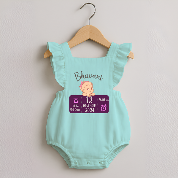 Celebrating Birth Stats Romper Frock | Personalized Romper Frock for Baby's Milestone Moment - MINT GREEN - 0 - 3 Months Old (Chest 19")