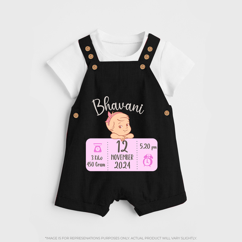 Celebrating Birth Stats Dungaree Set | Personalized Dungaree Set for Baby's Milestone Moment - BLACK - 0 - 5 Months Old (Chest 18")