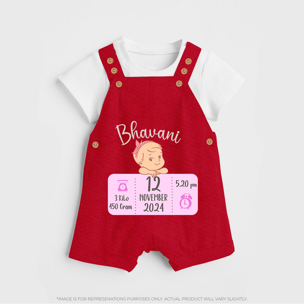 Celebrating Birth Stats Dungaree Set | Personalized Dungaree Set for Baby's Milestone Moment - RED - 0 - 5 Months Old (Chest 18")