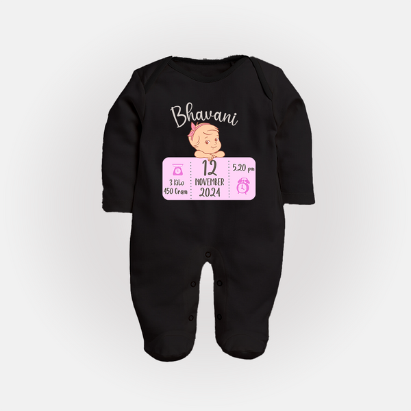 Celebrating Birth Stats Sleep Suit/Full sleeve body suit | Personalized Sleep Suit/Full sleeve body suit for Baby's Milestone Moment - BLACK - New Born (Chest 7.5")