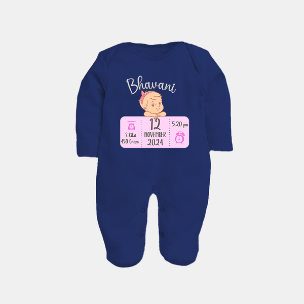 Celebrating Birth Stats Sleep Suit/Full sleeve body suit | Personalized Sleep Suit/Full sleeve body suit for Baby's Milestone Moment - NAVY BLUE - New Born (Chest 7.5")