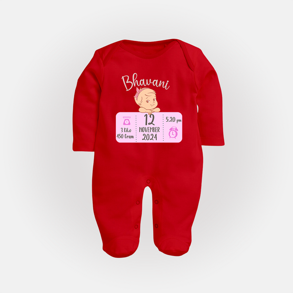 Celebrating Birth Stats Sleep Suit/Full sleeve body suit | Personalized Sleep Suit/Full sleeve body suit for Baby's Milestone Moment - RED - New Born (Chest 7.5")