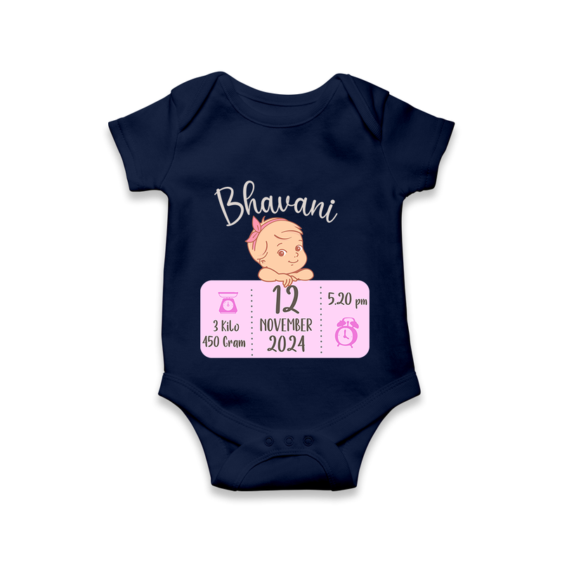 Celebrating Birth Stats Romper | Personalized Romper for Baby's Milestone Moment - NAVY BLUE - New Born (Chest 14")