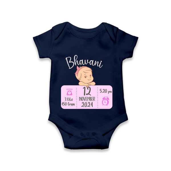 Celebrating Birth Stats Romper | Personalized Romper for Baby's Milestone Moment - NAVY BLUE - New Born (Chest 14")