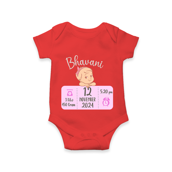 Celebrating Birth Stats Romper | Personalized Romper for Baby's Milestone Moment - RED - New Born (Chest 14")