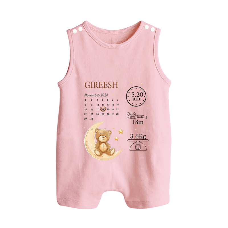 Newborn Romper Suit/ Sleeveless Romper with Personalized Birth Stats | Lightweight & Sentimental - BABY PINK - 0 - 5 Months Old (Chest 18")