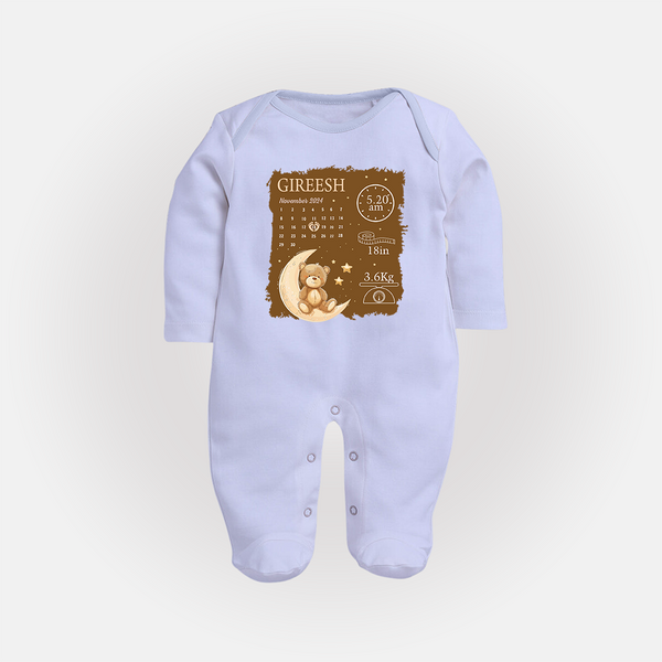 My Birth Stats Sleep Suit/Full sleeve body suit | Custom Sleep Suit/Full sleeve body suit with Baby's Birth Info - BABY BLUE - New Born (Chest 7.5")