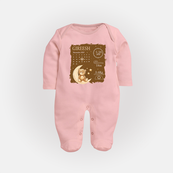 My Birth Stats Sleep Suit/Full sleeve body suit | Custom Sleep Suit/Full sleeve body suit with Baby's Birth Info - BABY PINK - New Born (Chest 7.5")