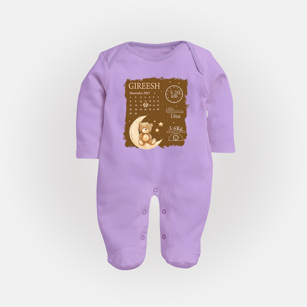 My Birth Stats Sleep Suit/Full sleeve body suit | Custom Sleep Suit/Full sleeve body suit with Baby's Birth Info - LILAC - New Born (Chest 7.5")