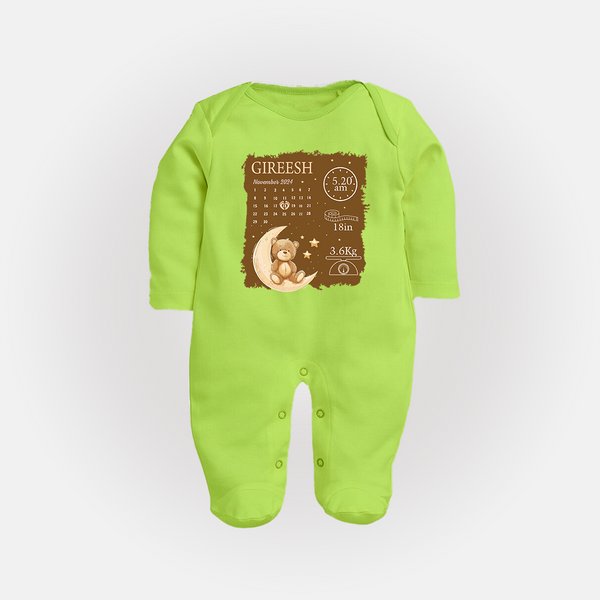 My Birth Stats Sleep Suit/Full sleeve body suit | Custom Sleep Suit/Full sleeve body suit with Baby's Birth Info - LIME GREEN - New Born (Chest 7.5")