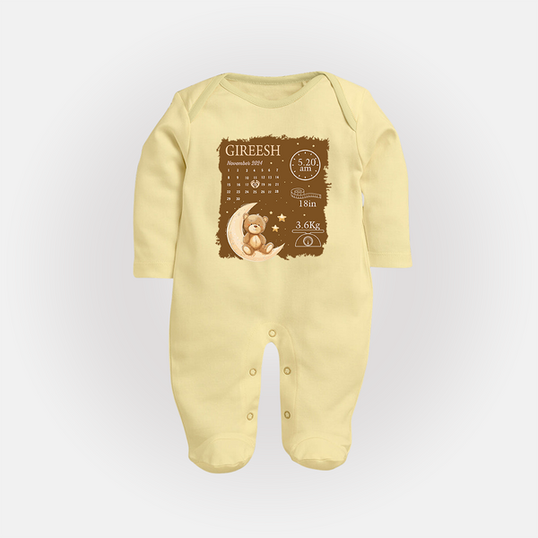 My Birth Stats Sleep Suit/Full sleeve body suit | Custom Sleep Suit/Full sleeve body suit with Baby's Birth Info - PASTEL YELLOW - New Born (Chest 7.5")
