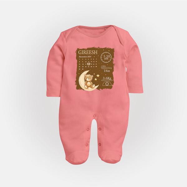 My Birth Stats Sleep Suit/Full sleeve body suit | Custom Sleep Suit/Full sleeve body suit with Baby's Birth Info - PEACH - New Born (Chest 7.5")