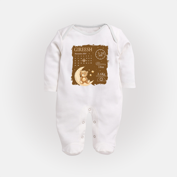 My Birth Stats Sleep Suit/Full sleeve body suit | Custom Sleep Suit/Full sleeve body suit with Baby's Birth Info - WHITE - New Born (Chest 7.5")