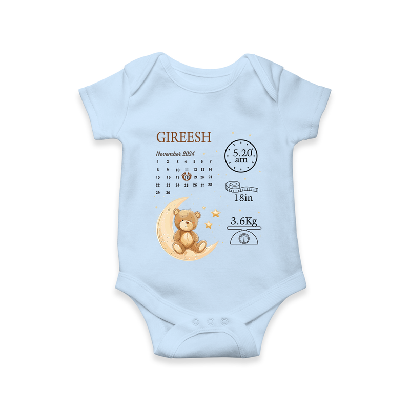 "Tiny Beginnings - Customized Romper With Baby Name, Weight, And Birth Details" - BABY BLUE - 0 - 3 Months Old (Chest 16")