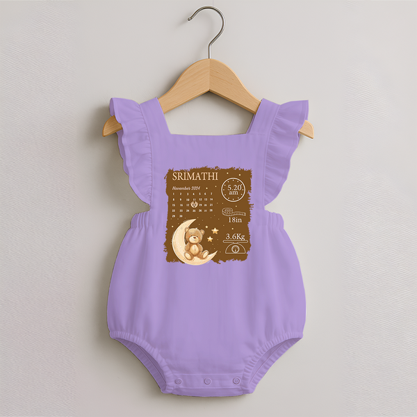 My Birth Stats Romper Frock | Custom Romper Frock with Baby's Birth Info - LILAC - 0 - 3 Months Old (Chest 19")