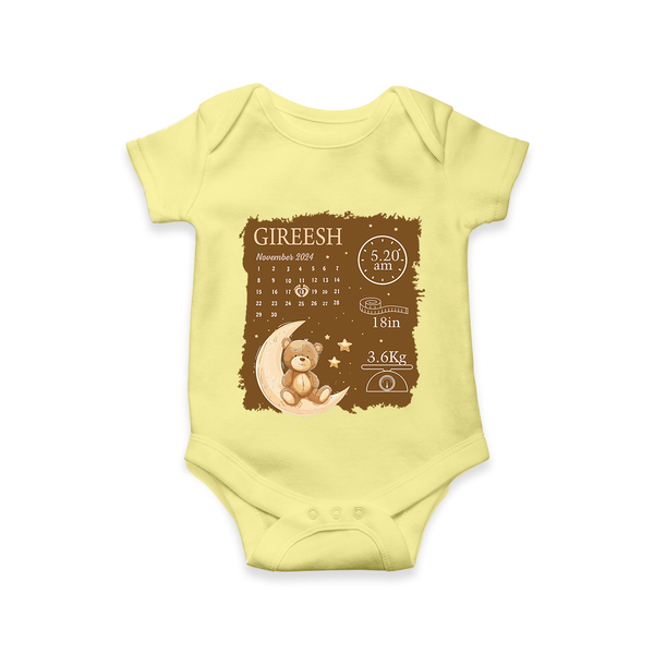 My Birth Stats Romper | Custom Romper with Baby's Birth Info - PASTEL YELLOW - New Born (Chest 14")