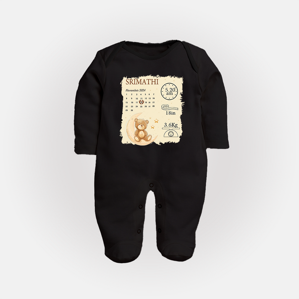My Birth Stats Sleep Suit/Full sleeve body suit | Custom Sleep Suit/Full sleeve body suit with Baby's Birth Info - BLACK - New Born (Chest 7.5")