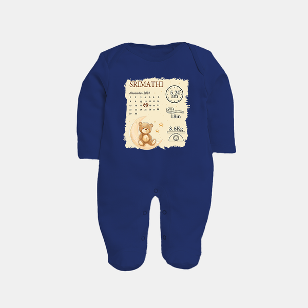 My Birth Stats Sleep Suit/Full sleeve body suit | Custom Sleep Suit/Full sleeve body suit with Baby's Birth Info - NAVY BLUE - New Born (Chest 7.5")