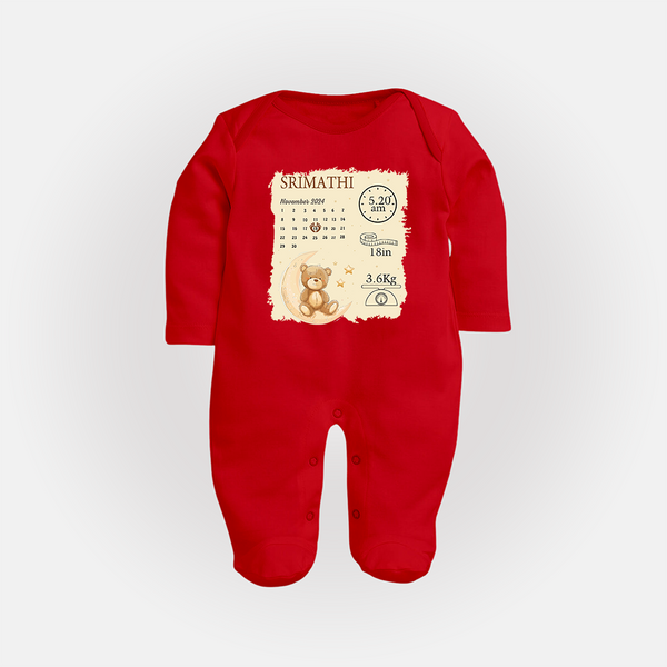 My Birth Stats Sleep Suit/Full sleeve body suit | Custom Sleep Suit/Full sleeve body suit with Baby's Birth Info - RED - New Born (Chest 7.5")
