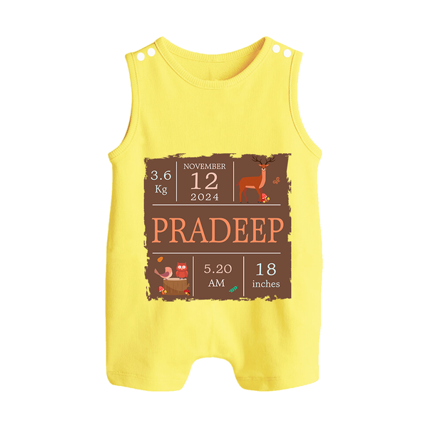 Birth Stats Custom Romper Suit/Sleeveless Romper | Personalized Baby Romper Suit/Sleeveless Romper with Birth Details - PASTEL YELLOW - 0 - 5 Months Old (Chest 18")