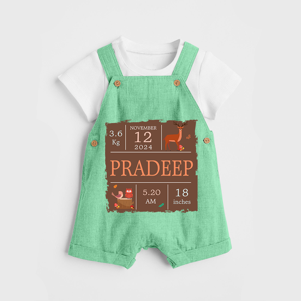 Birth Stats Custom Dungaree Set | Personalized Baby Dungaree Set with Birth Details - GREEN - 0 - 5 Months Old (Chest 18")