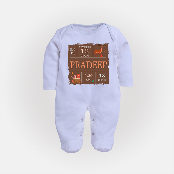 Birth Stats Custom Sleep Suit/Full sleeve body suit | Personalized Baby Sleep Suit/Full sleeve body suit with Birth Details - BABY BLUE - New Born (Chest 7.5")