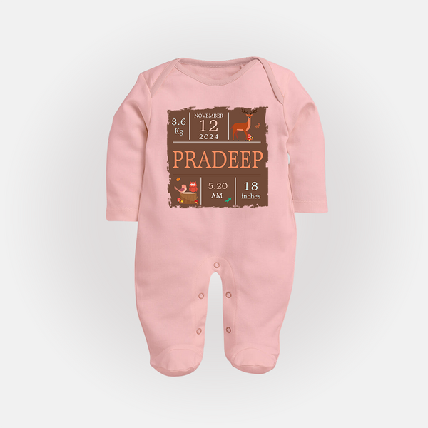Birth Stats Custom Sleep Suit/Full sleeve body suit | Personalized Baby Sleep Suit/Full sleeve body suit with Birth Details - BABY PINK - New Born (Chest 7.5")