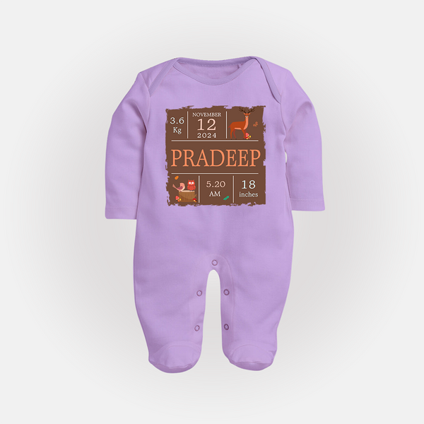 Birth Stats Custom Sleep Suit/Full sleeve body suit | Personalized Baby Sleep Suit/Full sleeve body suit with Birth Details - LILAC - New Born (Chest 7.5")