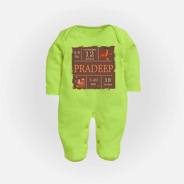 Birth Stats Custom Sleep Suit/Full sleeve body suit | Personalized Baby Sleep Suit/Full sleeve body suit with Birth Details - LIME GREEN - New Born (Chest 7.5")