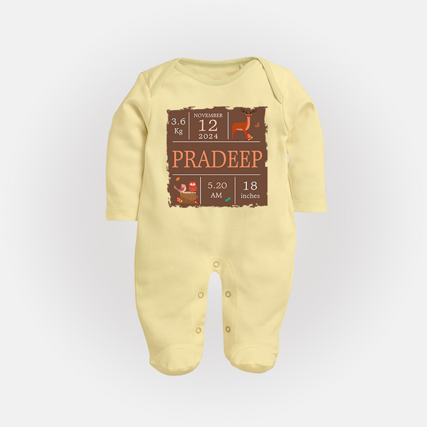 Birth Stats Custom Sleep Suit/Full sleeve body suit | Personalized Baby Sleep Suit/Full sleeve body suit with Birth Details - PASTEL YELLOW - New Born (Chest 7.5")