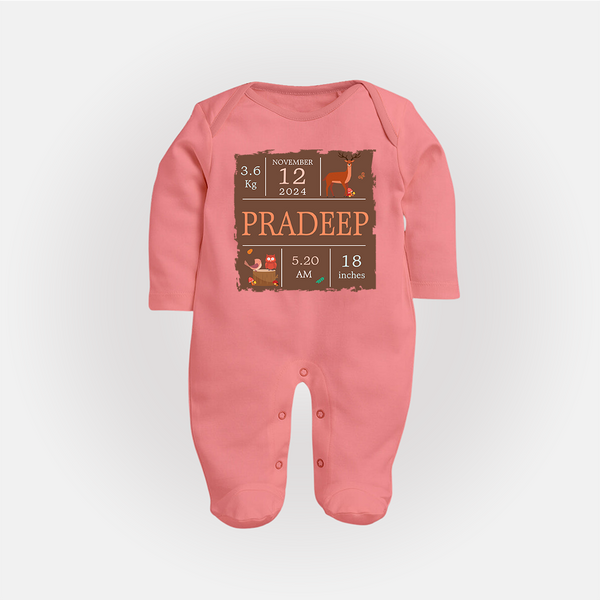 Birth Stats Custom Sleep Suit/Full sleeve body suit | Personalized Baby Sleep Suit/Full sleeve body suit with Birth Details - PEACH - New Born (Chest 7.5")