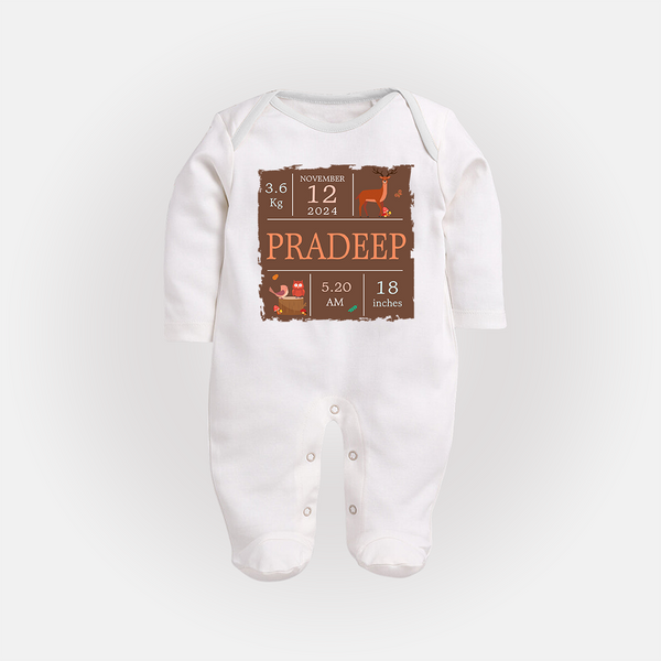 Birth Stats Custom Sleep Suit/Full sleeve body suit | Personalized Baby Sleep Suit/Full sleeve body suit with Birth Details - WHITE - New Born (Chest 7.5")