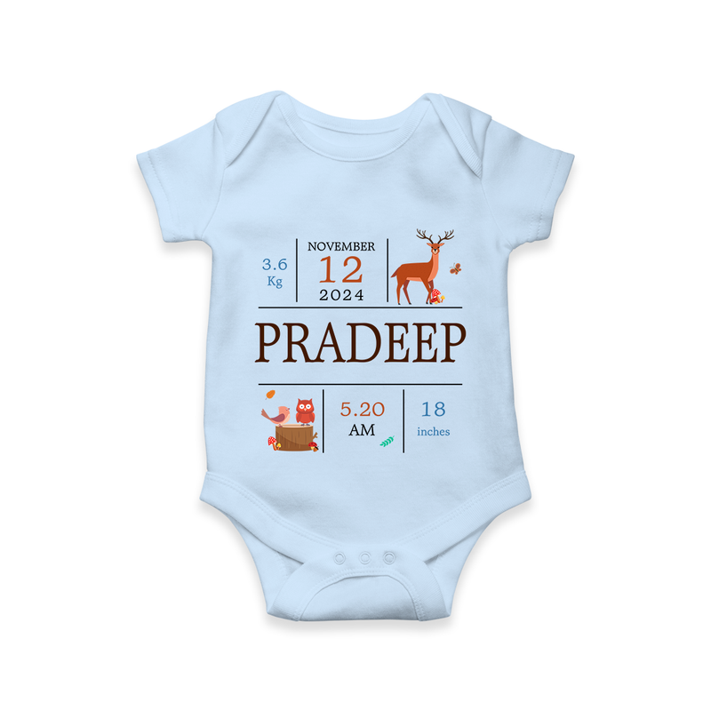 "Welcome Baby - Customized Romper With Baby Name, Weight, And Birth Details" - BABY BLUE - 0 - 3 Months Old (Chest 16")