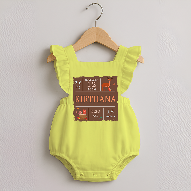 Birth Stats Custom Romper Frock | Personalized Baby Romper Frock with Birth Details - PASTEL YELLOW - 0 - 3 Months Old (Chest 19")