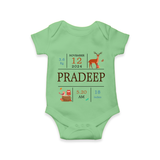 "Welcome Baby - Customized Romper With Baby Name, Weight, And Birth Details" - GREEN - 0 - 3 Months Old (Chest 16")