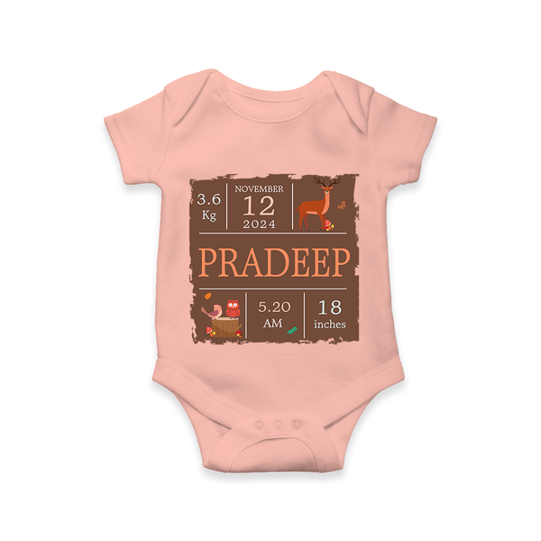 Birth Stats Custom Romper | Personalized Baby Romper with Birth Details - PEACH - New Born (Chest 14")