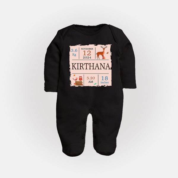 Birth Stats Custom Sleep Suit/Full sleeve body suit | Personalized Baby Sleep Suit/Full sleeve body suit with Birth Details - BLACK - New Born (Chest 7.5")