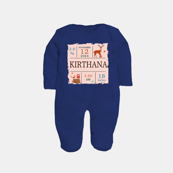 Birth Stats Custom Sleep Suit/Full sleeve body suit | Personalized Baby Sleep Suit/Full sleeve body suit with Birth Details - NAVY BLUE - New Born (Chest 7.5")