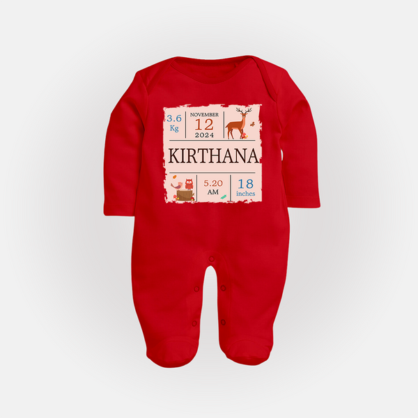 Birth Stats Custom Sleep Suit/Full sleeve body suit | Personalized Baby Sleep Suit/Full sleeve body suit with Birth Details - RED - New Born (Chest 7.5")