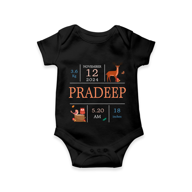 "Welcome Baby - Customized Romper With Baby Name, Weight, And Birth Details" - BLACK - 0 - 3 Months Old (Chest 16")