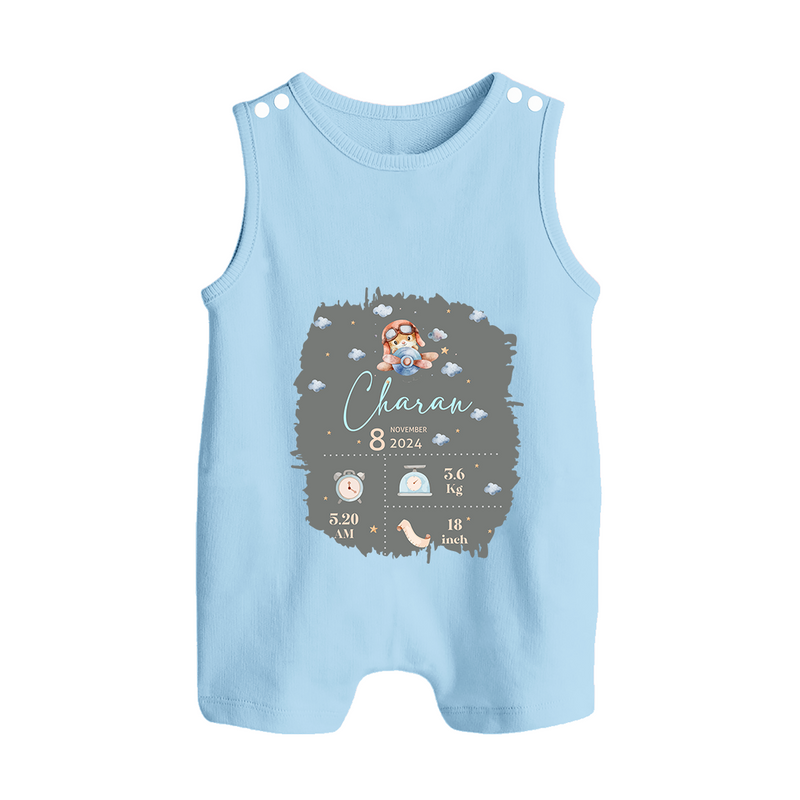 Birthday Milestone Romper Suit/Sleeveless Romper | Custom Romper Suit/Sleeveless Romper with Birth Date, Time, and Weight - BABY BLUE - 0 - 5 Months Old (Chest 18")