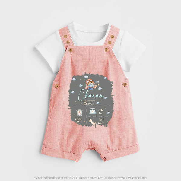 Birthday Milestone Dungaree Set | Custom Dungaree Set with Birth Date, Time, and Weight - PEACH - 0 - 5 Months Old (Chest 18")